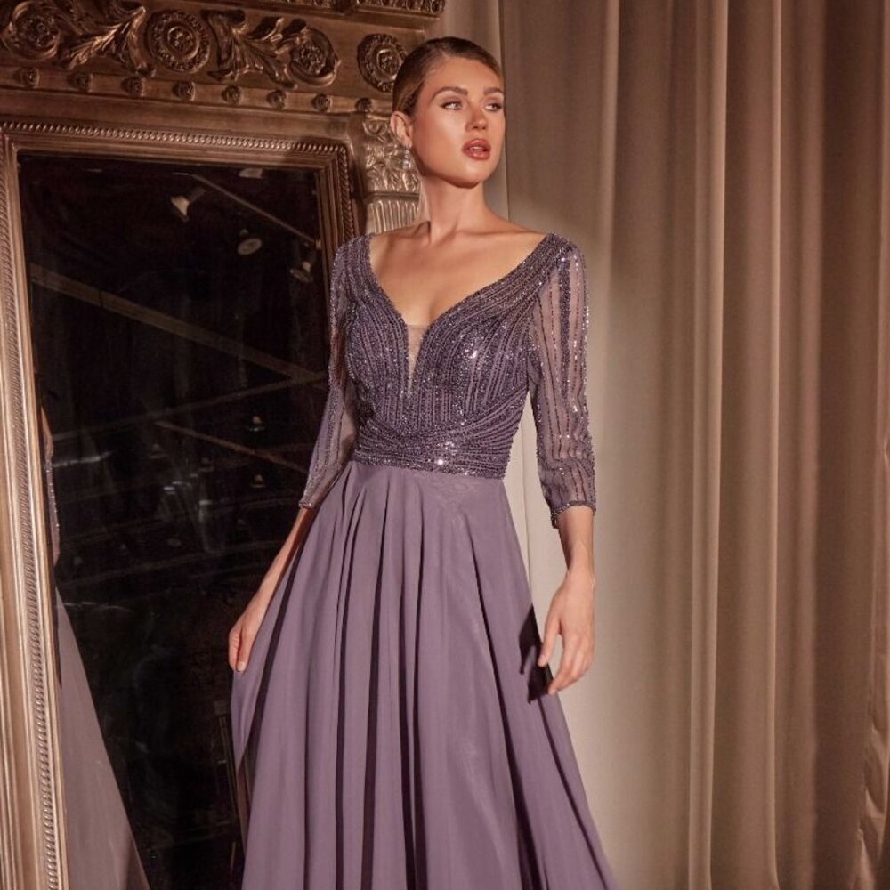 NEW FORMAL A-LINE BEADED MOB DRESS W/ 3/4 SHEER SLEEVES & V-NECKLINE CD CC446